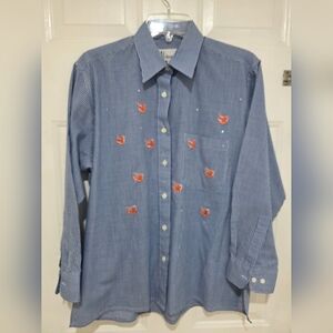 Mili Designs Blue Gingham Long Sleeve Blouse Orange Cocodriles Embroidered S